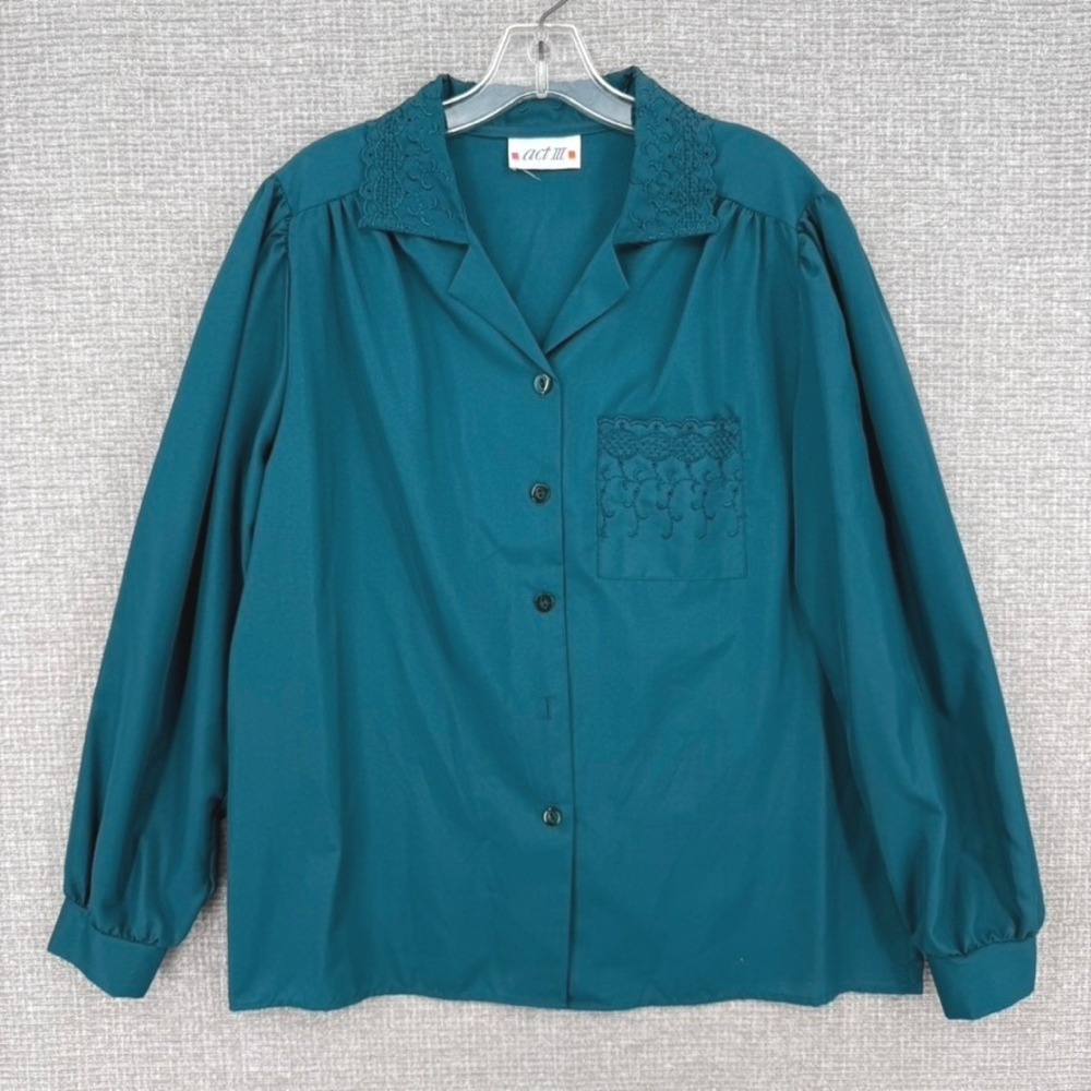 Vintage Act III Button Up Blouse Women L Teal Embroidered Lace Trim Boho Vintage